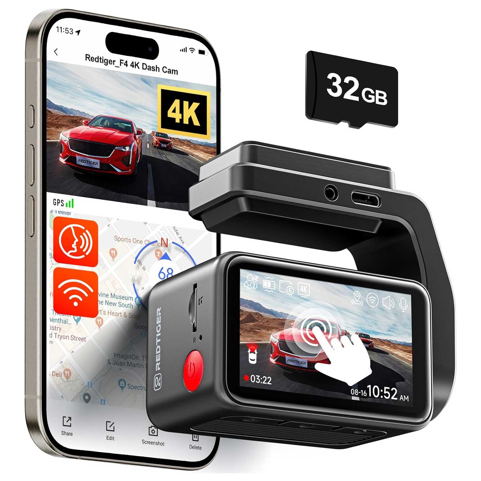 <tc>Redtiger F4 4K Touch Wifi GPS 32 go dashcam</tc>