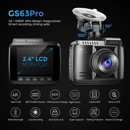AZDome GS63H Pro True 4K 2CH Wifi GPS 64 Go dashcam